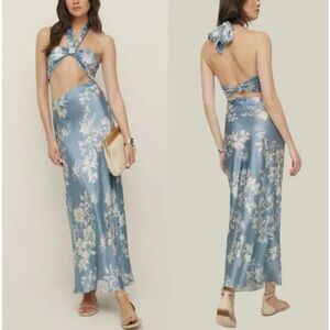 NWT Reformation Vivi Silk Bandeau Maxi Dress Aliso Blue Floral 6